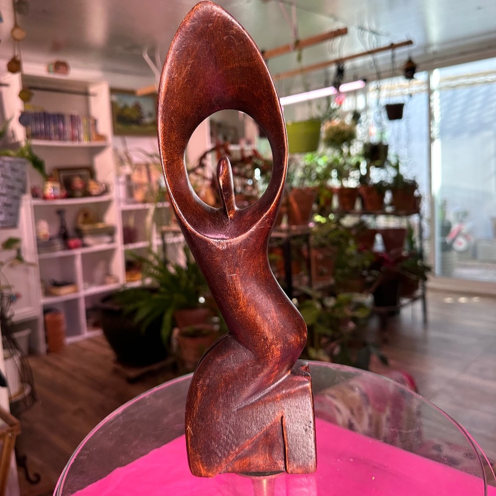 Wooden Carved Statue Person Kneeling Arm In Upward Circle